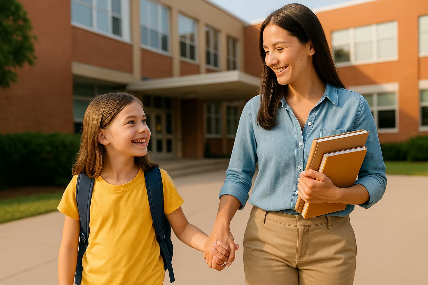 Teacher walking with a student in front of a school building